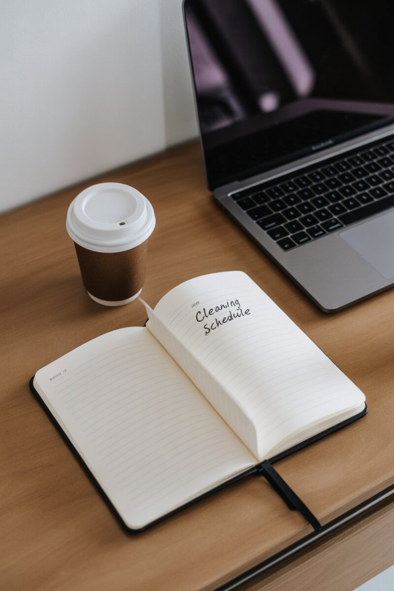A workspace with a laptop, notebook, and coffee cup, suggesting a productive cleaning schedule.