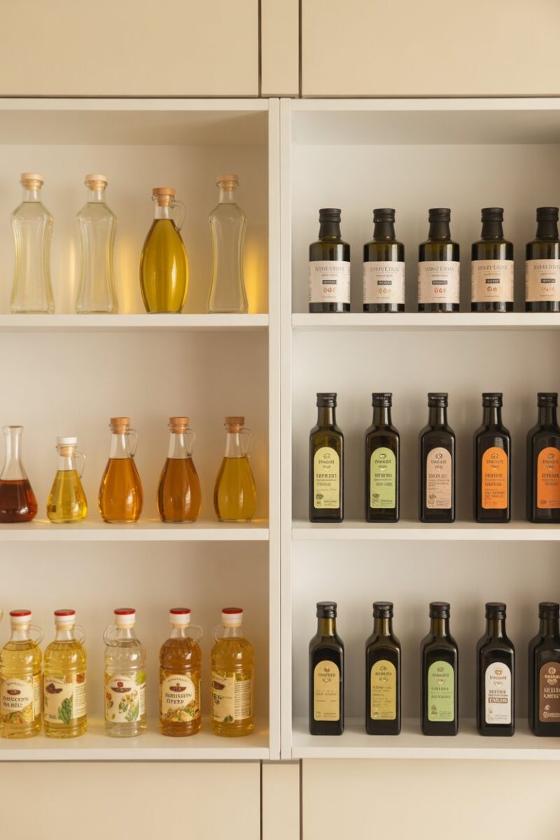A neatly organized shelf displaying various cooking oils and vinegars.