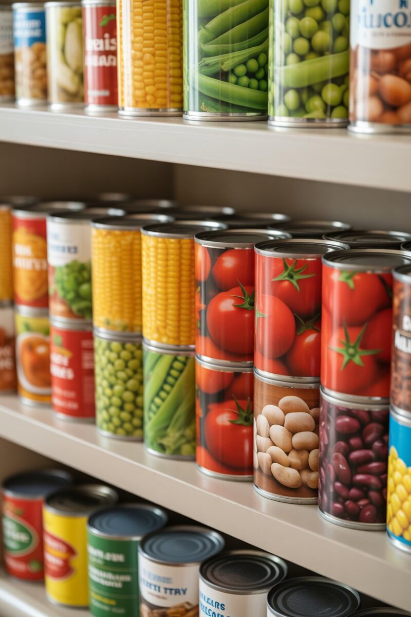 A neatly organized pantry shelf filled with various canned goods.