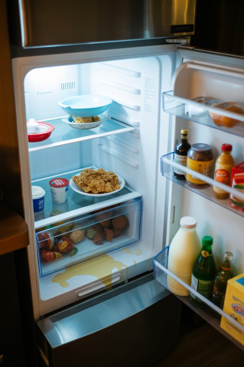 An open refrigerator with spilled milk and various food items.