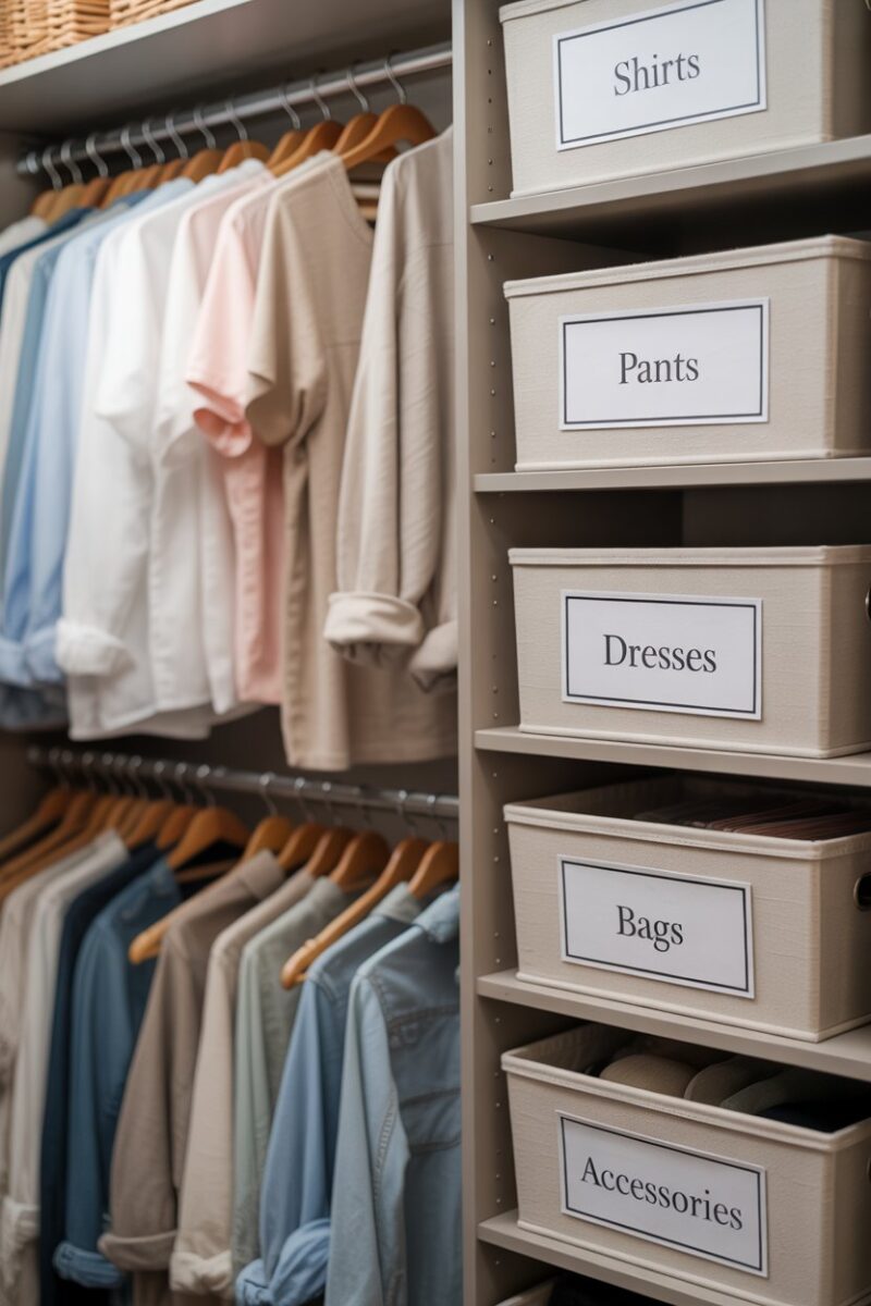 Organized closet with labeled bins and neatly hung clothes.
