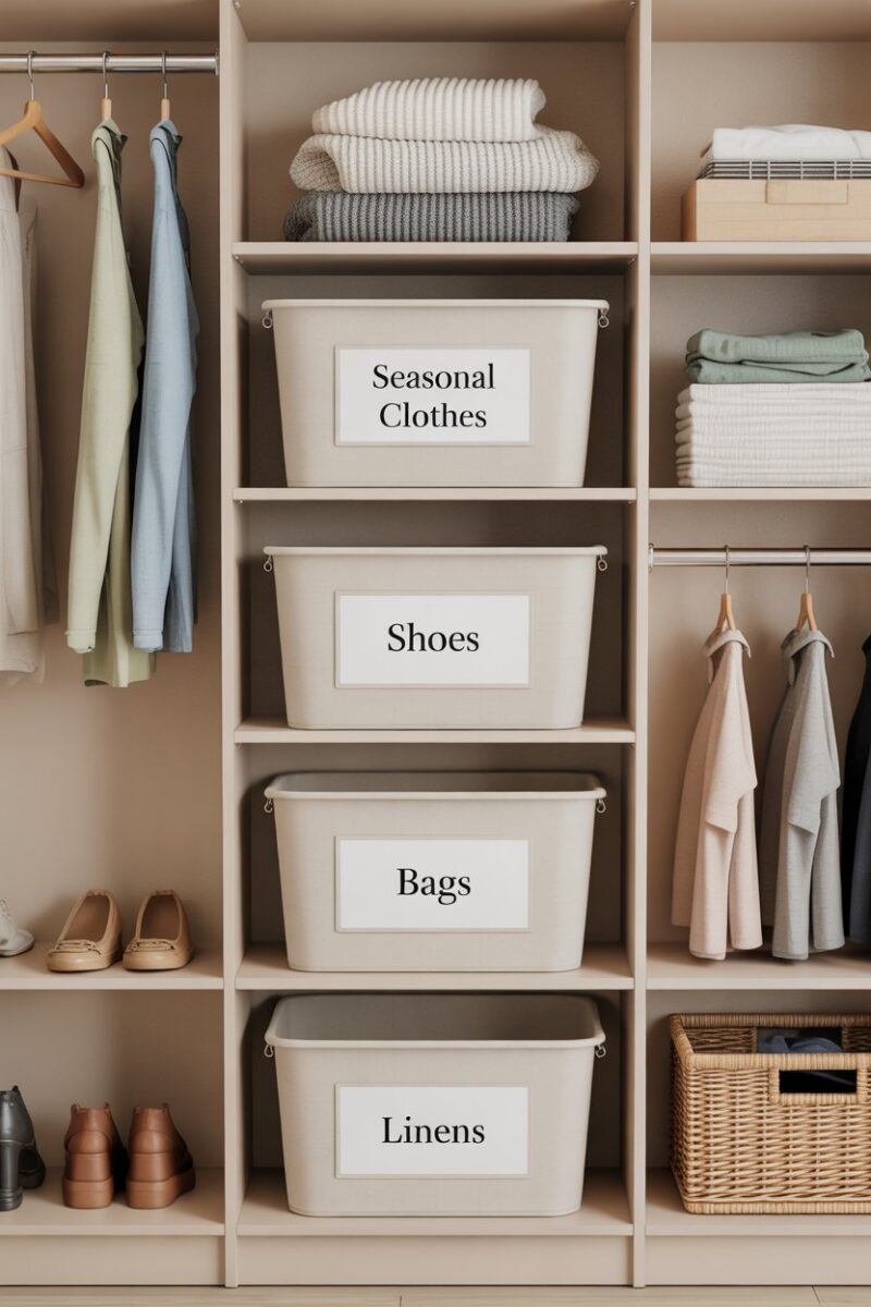 Organized closet with labeled bins and shelves for efficient storage.