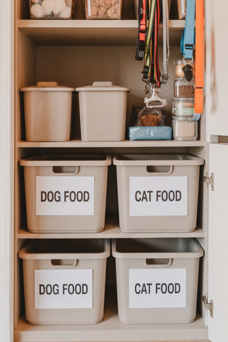 Organized pet supply corner in a small closet with food bins and leashes.