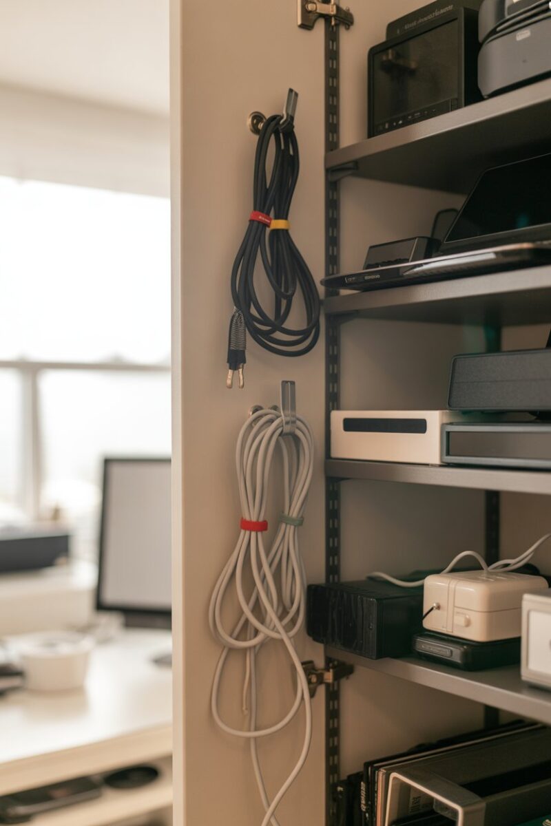 Organized tech corner in a small closet with shelves and cords neatly arranged.
