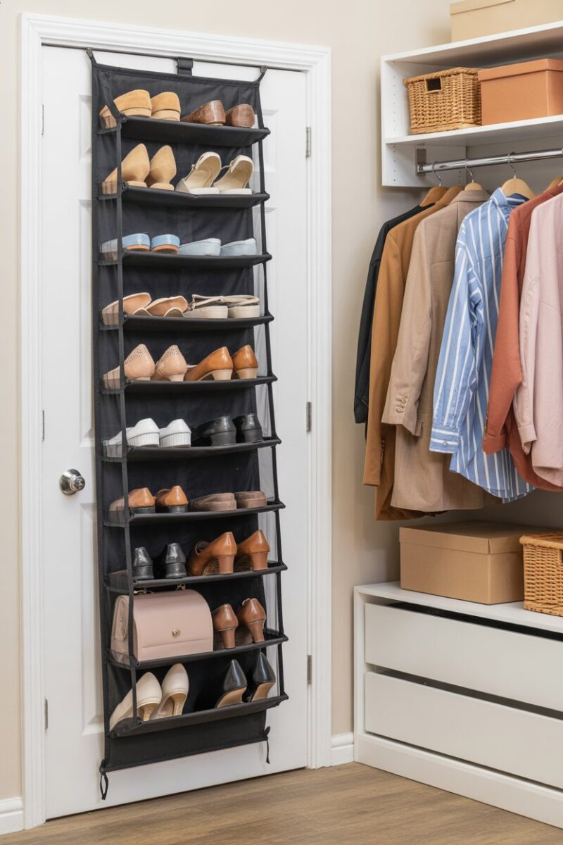 An over-the-door organizer filled with shoes and bags, showcasing efficient closet organization.
