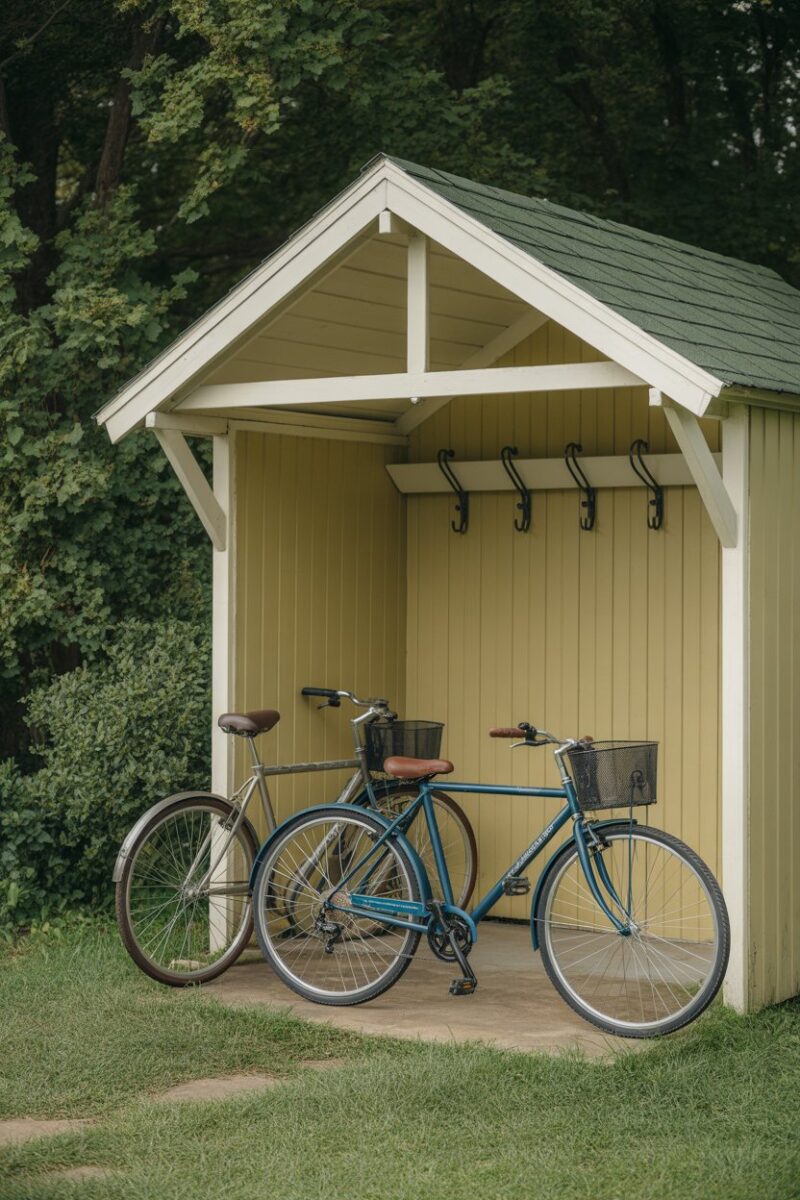 Bicycles hanging on hooks outside a small shed