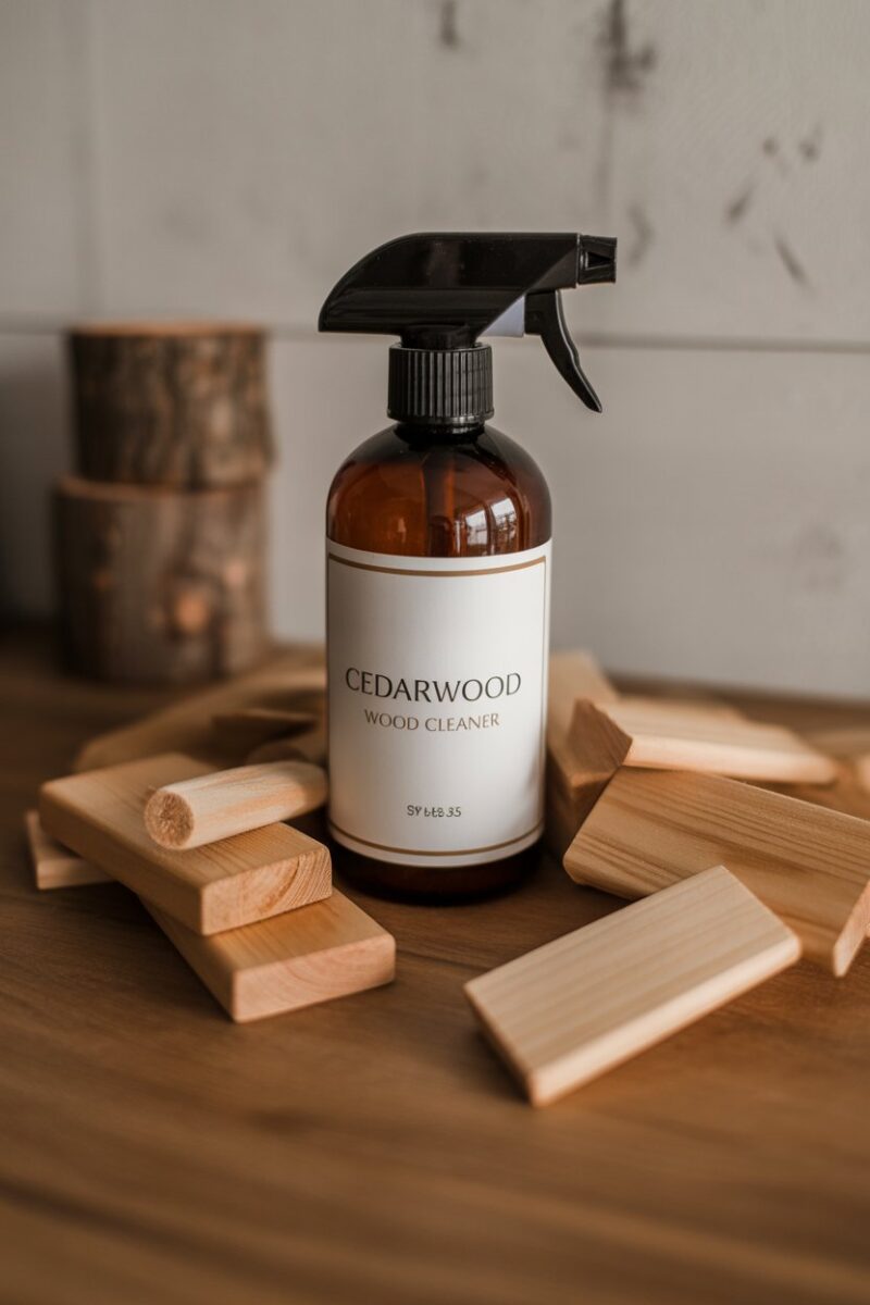 Cedarwood wood cleaner with wood pieces on a wooden surface.