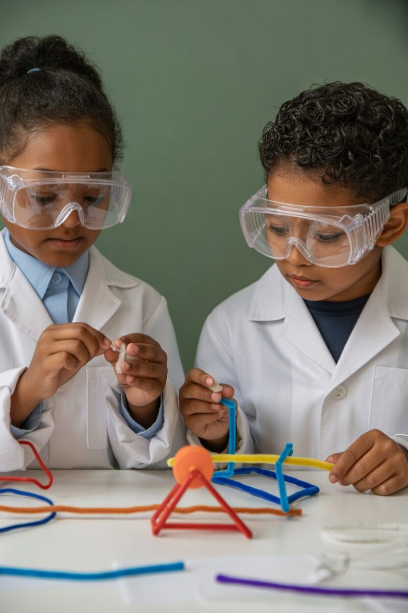 Children in lab coats and goggles working on a science project with pipe cleaners.