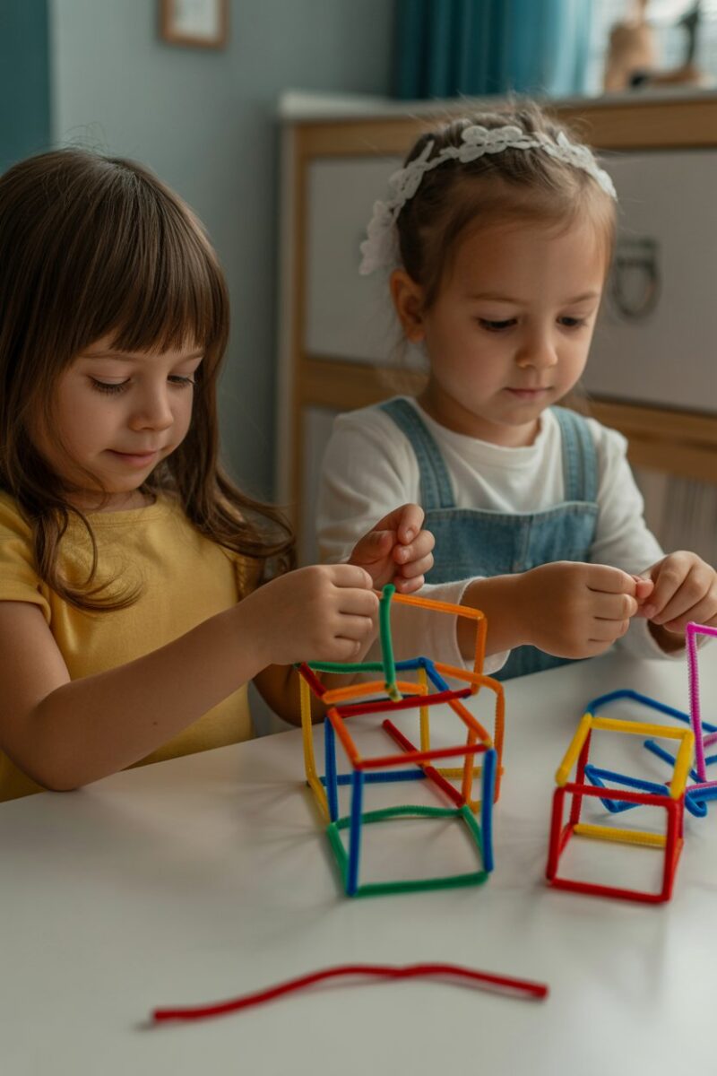Children using colorful pipe cleaners to create shapes and structures on a table.