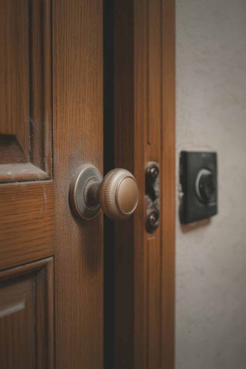 Close-up of dusty doorknobs and light switch