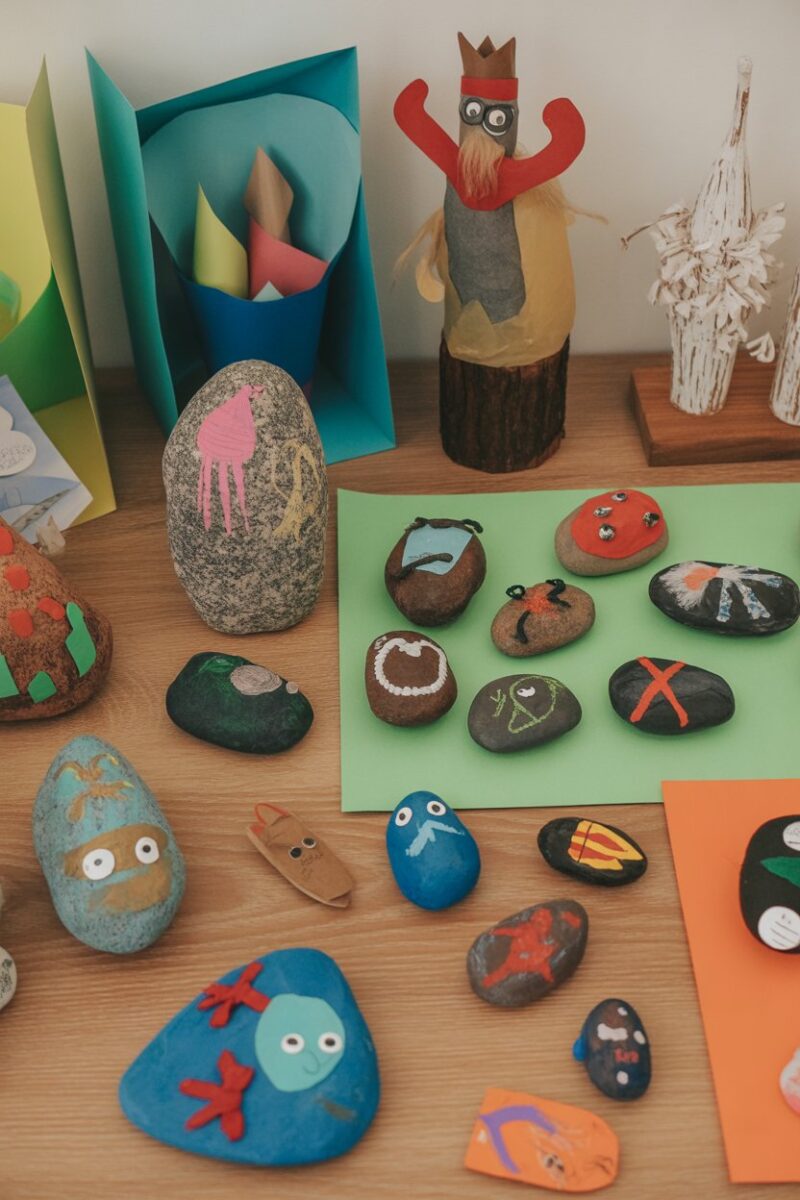 Colorful display of children's craft projects including painted rocks and paper sculptures.
