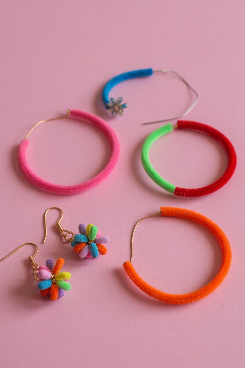 Colorful DIY jewelry made from pipe cleaners including bracelets and earrings.