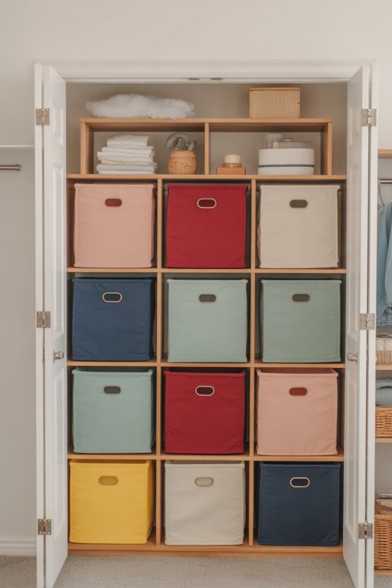 Colorful fabric storage cubes neatly arranged in a closet.