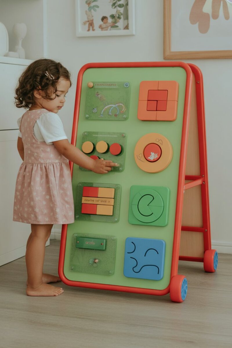 Colorful interactive learning boards with games and puzzles for kids.