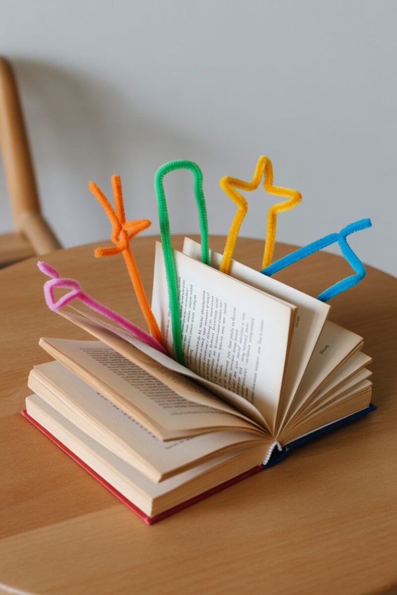 Colorful pipe cleaner bookmarks placed in an open book.