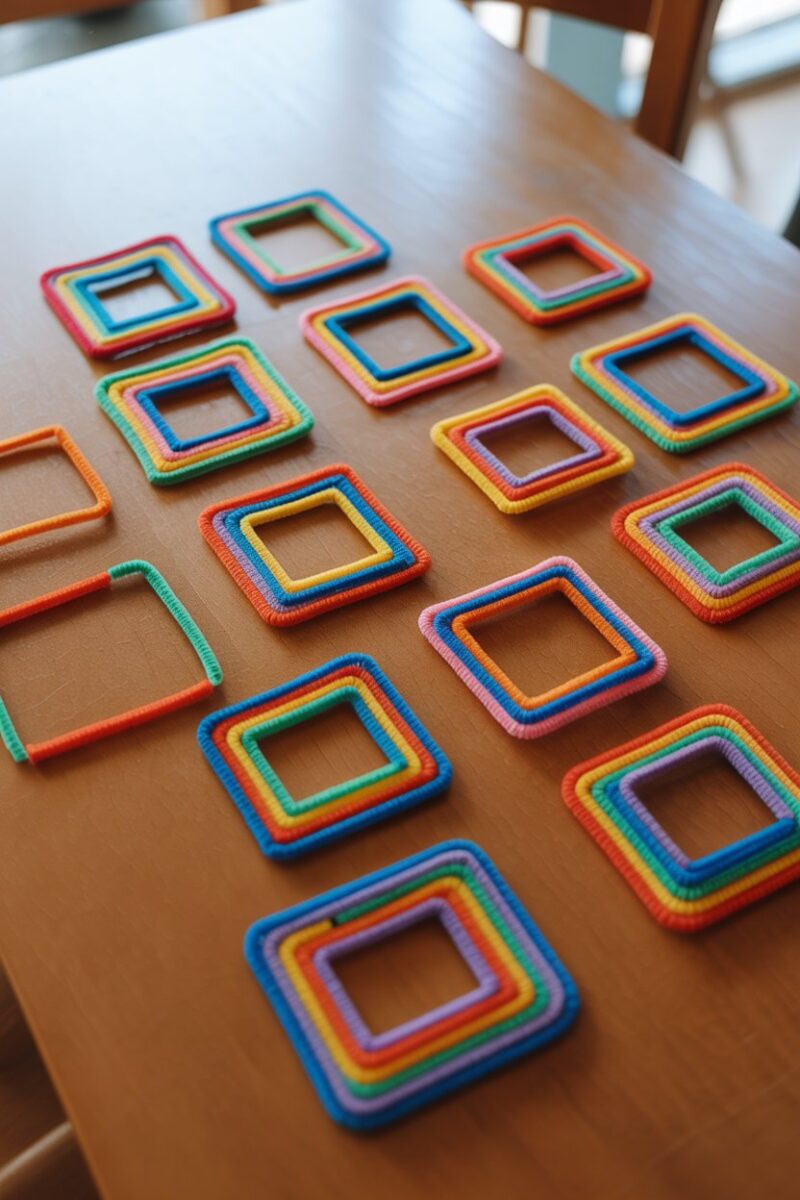 Colorful pipe cleaner coasters in various shapes on a wooden table.
