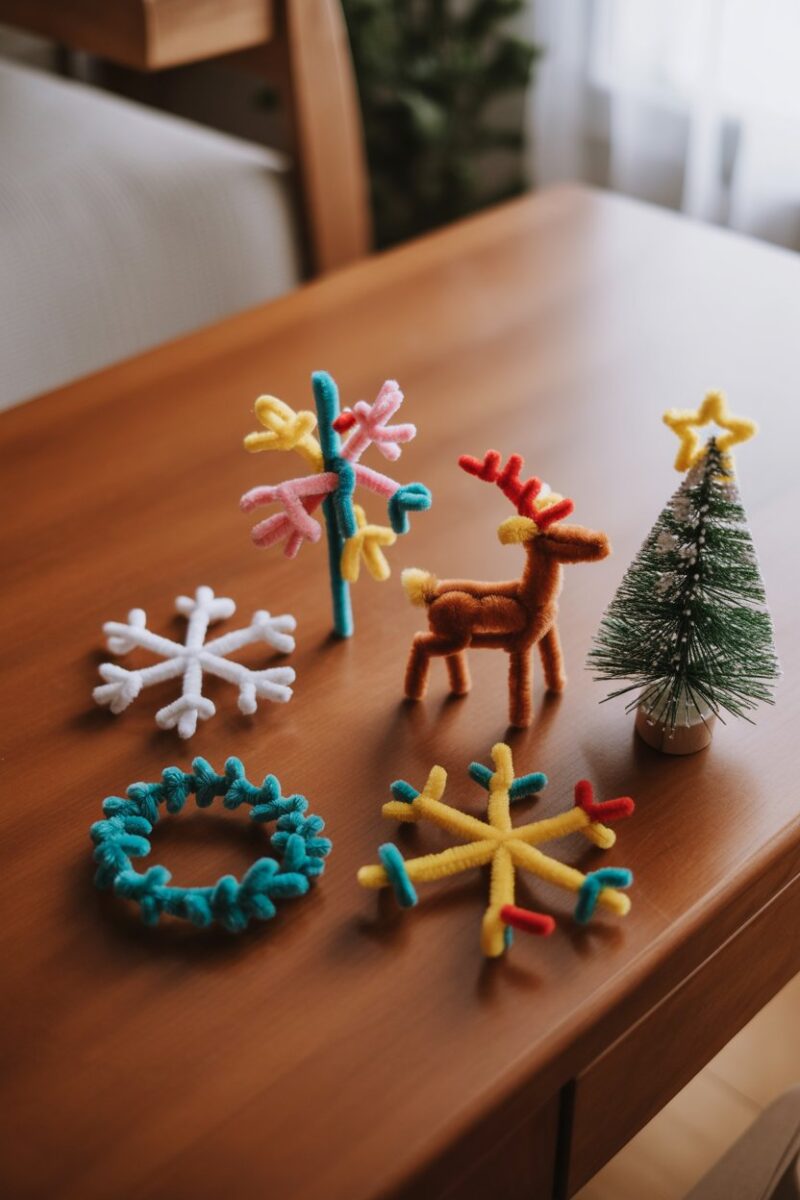 Colorful pipe cleaner holiday decorations including snowflakes, a wreath, and a reindeer.