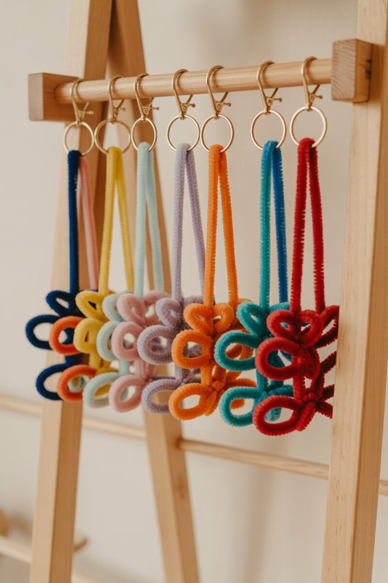 Colorful pipe cleaner keychains and bag charms hanging on a wooden rack.