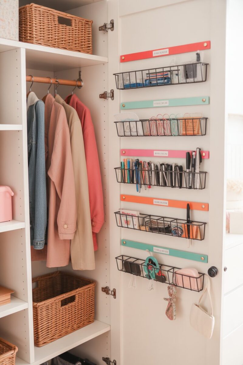 Magnetic strips holding various small items like pens and clips in a closet.