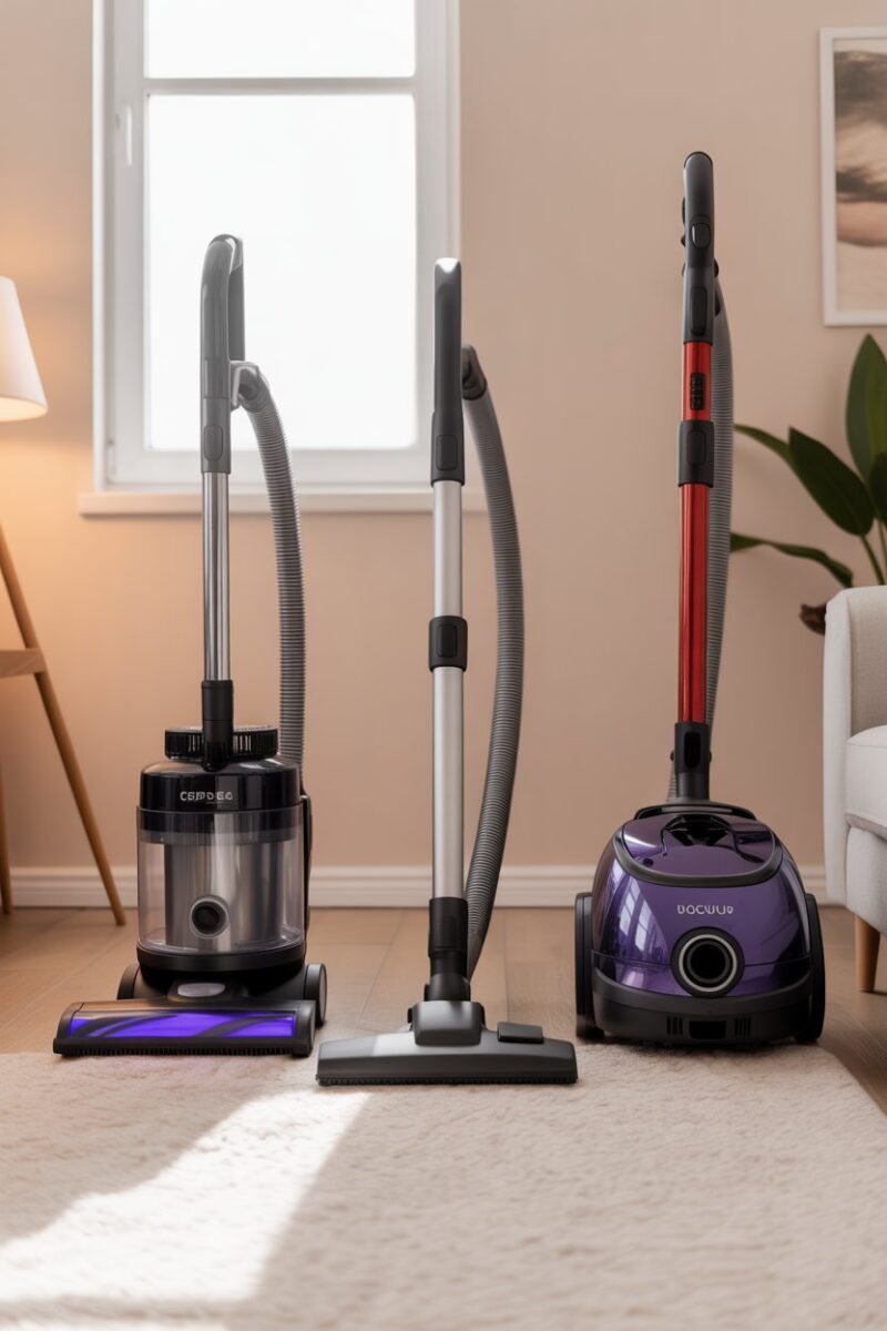 Different types of vacuum cleaners displayed in a clean room.