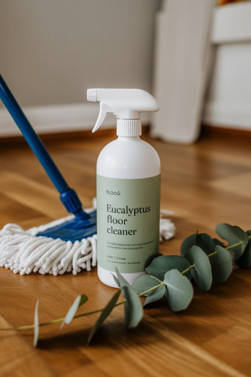 Eucalyptus floor cleaner bottle next to a mop and eucalyptus leaves on a wooden floor.