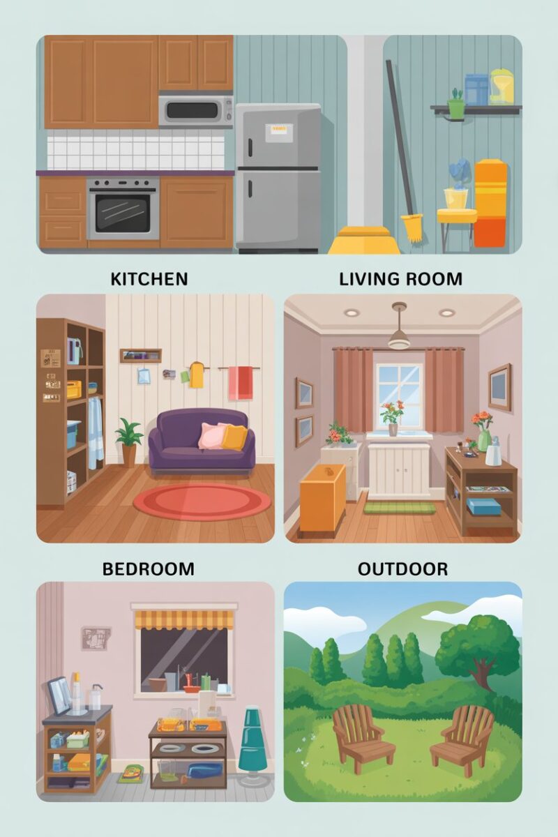Illustration of different cleaning zones in a home, including kitchen, living room, bedroom, and outdoor areas.