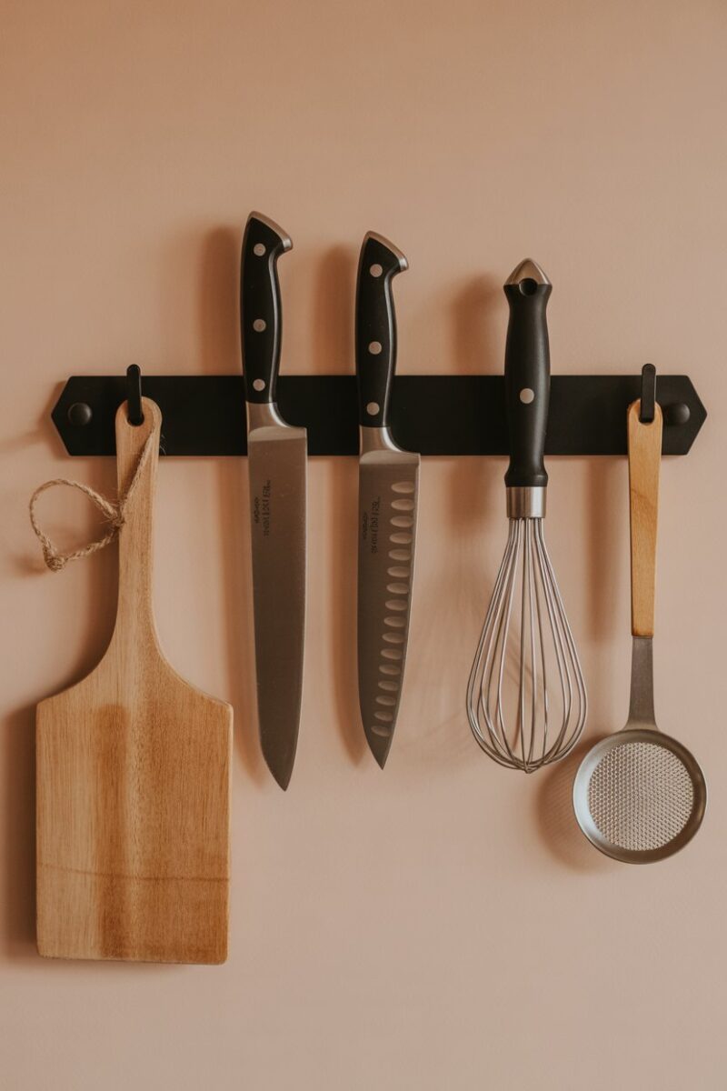 Magnetic strip holding kitchen tools like knives and a whisk on a wall.