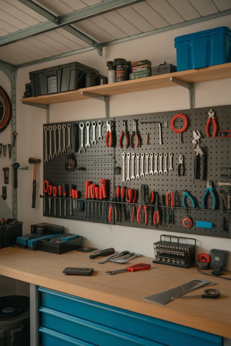 Magnetic strips holding various metal tools in a shed.