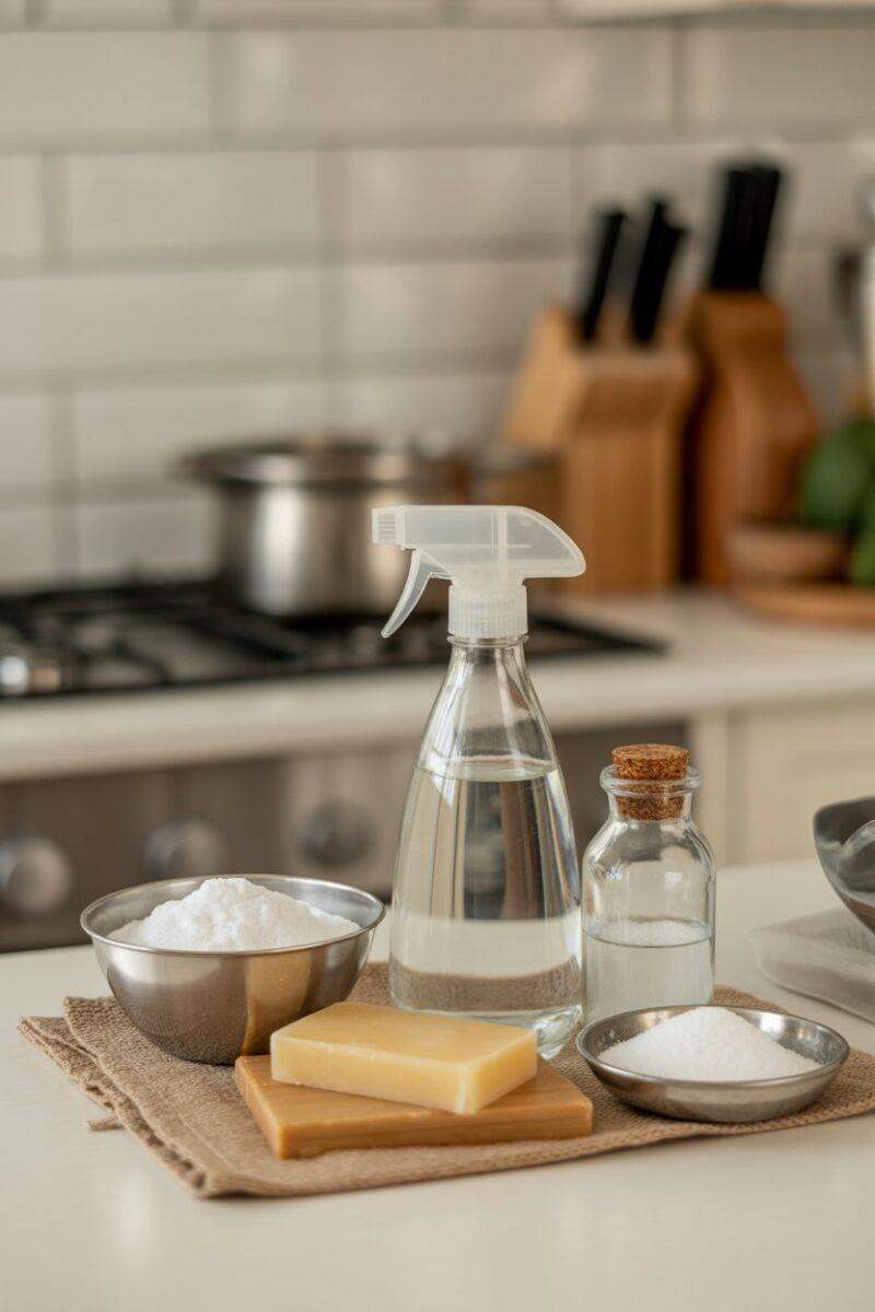 Natural cleaning supplies on a kitchen counter, including vinegar, baking soda, salt, and a bar of soap.