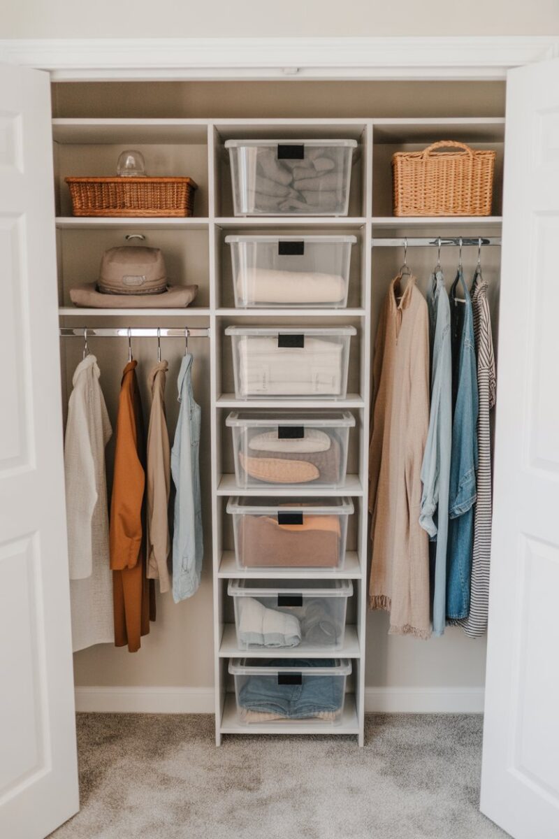 A neatly organized closet with clear storage bins labeled for easy identification.