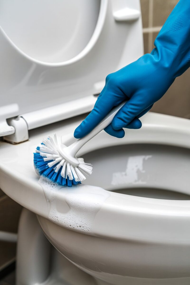 A person cleaning a toilet with a brush and wearing blue gloves.