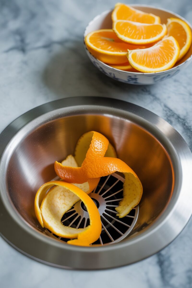 Orange peels in a garbage disposal with a bowl of more orange slices nearby.