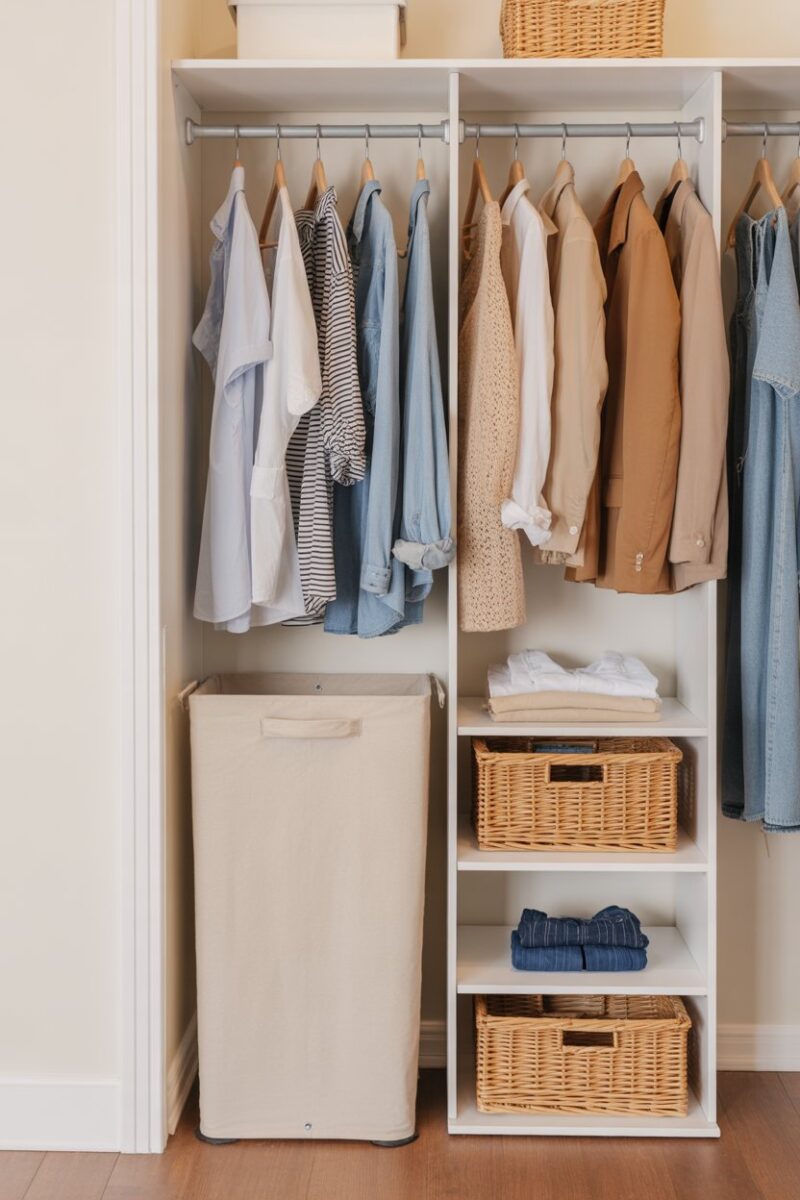 Organized closet with a lidded bin for off-season clothing storage.