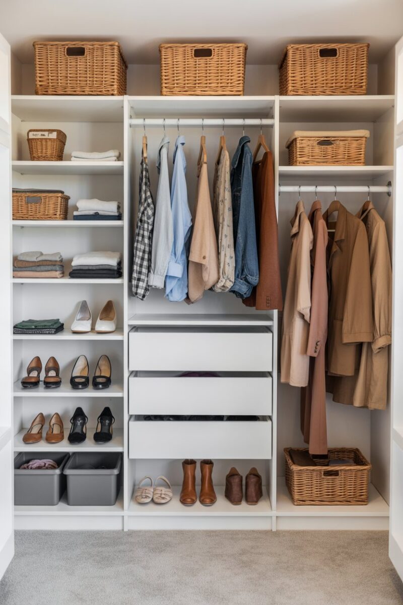 Organized closet with clothes, shoes, and storage bins.