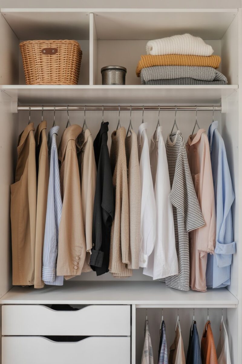 Organized closet with neatly hung clothes and folded sweaters.