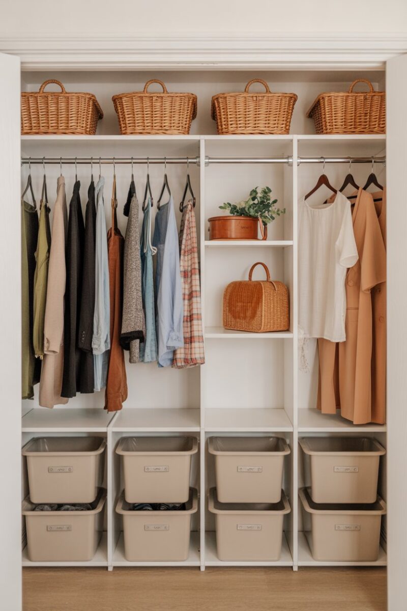 Organized closet with seasonal clothing and storage bins