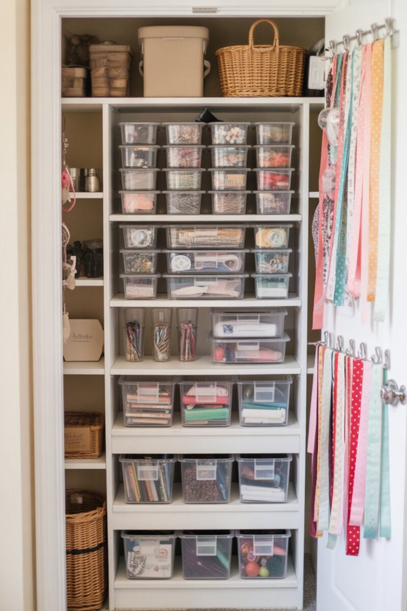 Organized craft supply station in a small closet with clear bins and hanging ribbons.