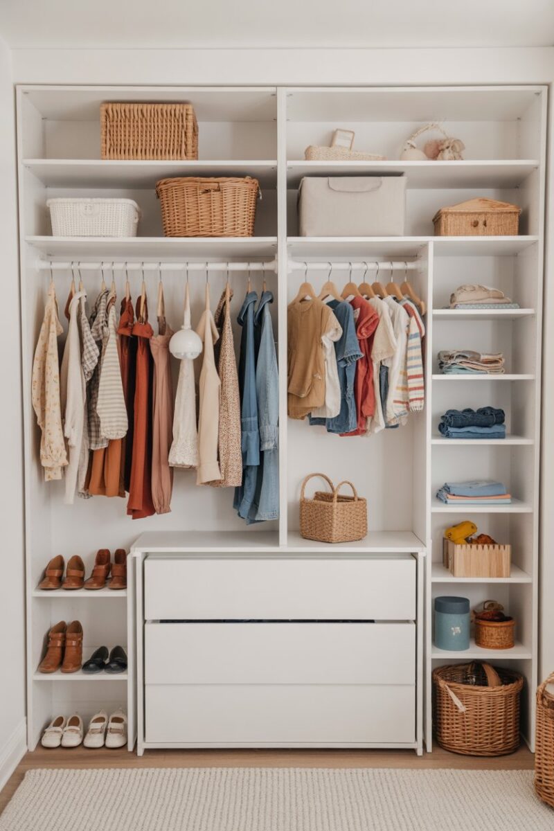 Organized closet with seasonal clothing and shoes neatly arranged.