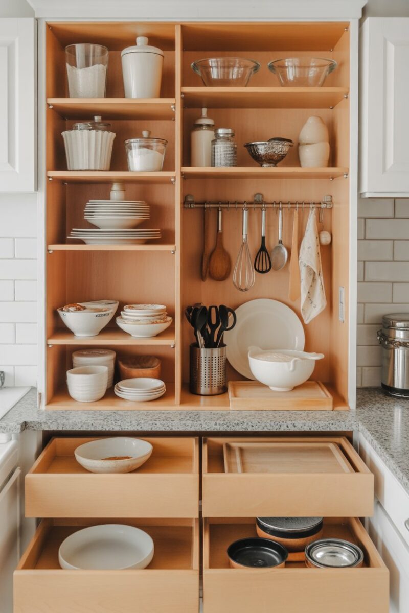 Organized kitchen cabinet with baking supplies and utensils.