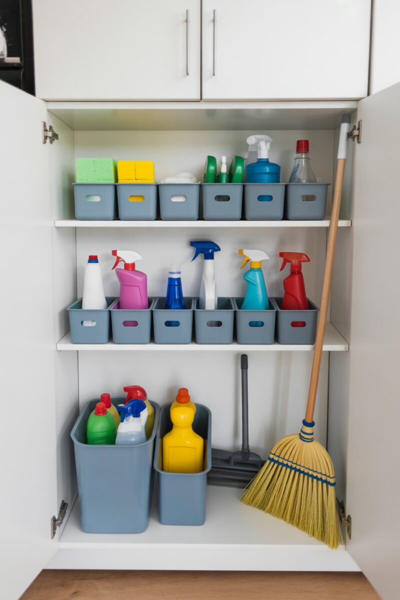 Organized kitchen cabinet with cleaning supplies neatly arranged.