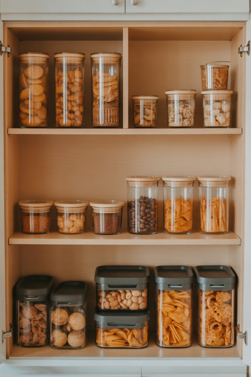 Organized kitchen cabinet with jars and containers filled with snacks.