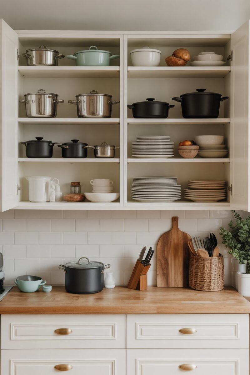 Organized kitchen cabinet with pots, plates, and utensils arranged on shelves.