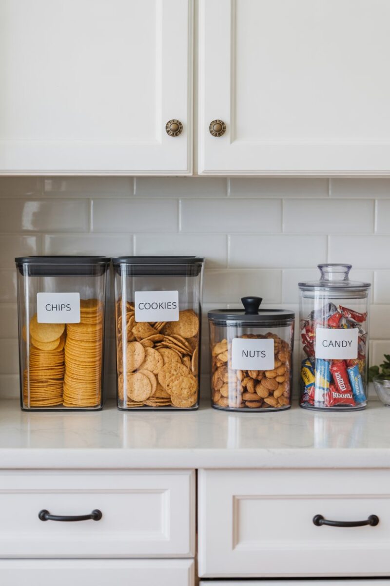 Organized kitchen cabinet with snacks in clear containers and labeled jars.