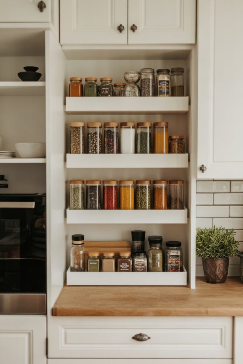 Organized kitchen cabinet with tiered shelving displaying various jars and spices.