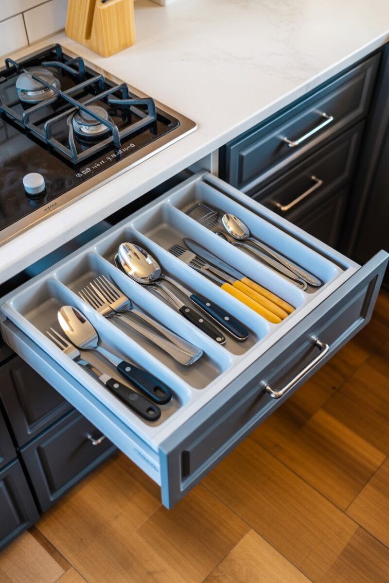 Organized kitchen drawer with dividers holding utensils and tools.