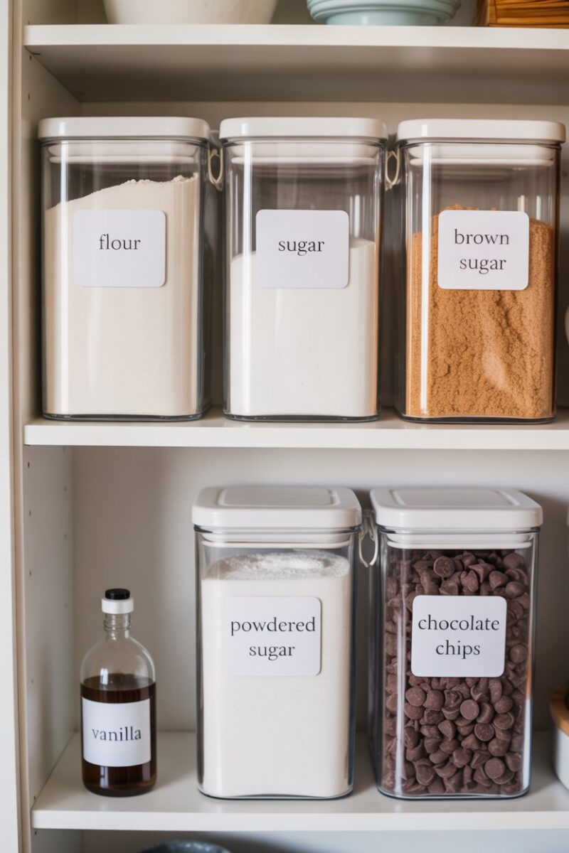 Organized pantry shelf with labeled containers for baking supplies like flour, sugar, and chocolate chips.