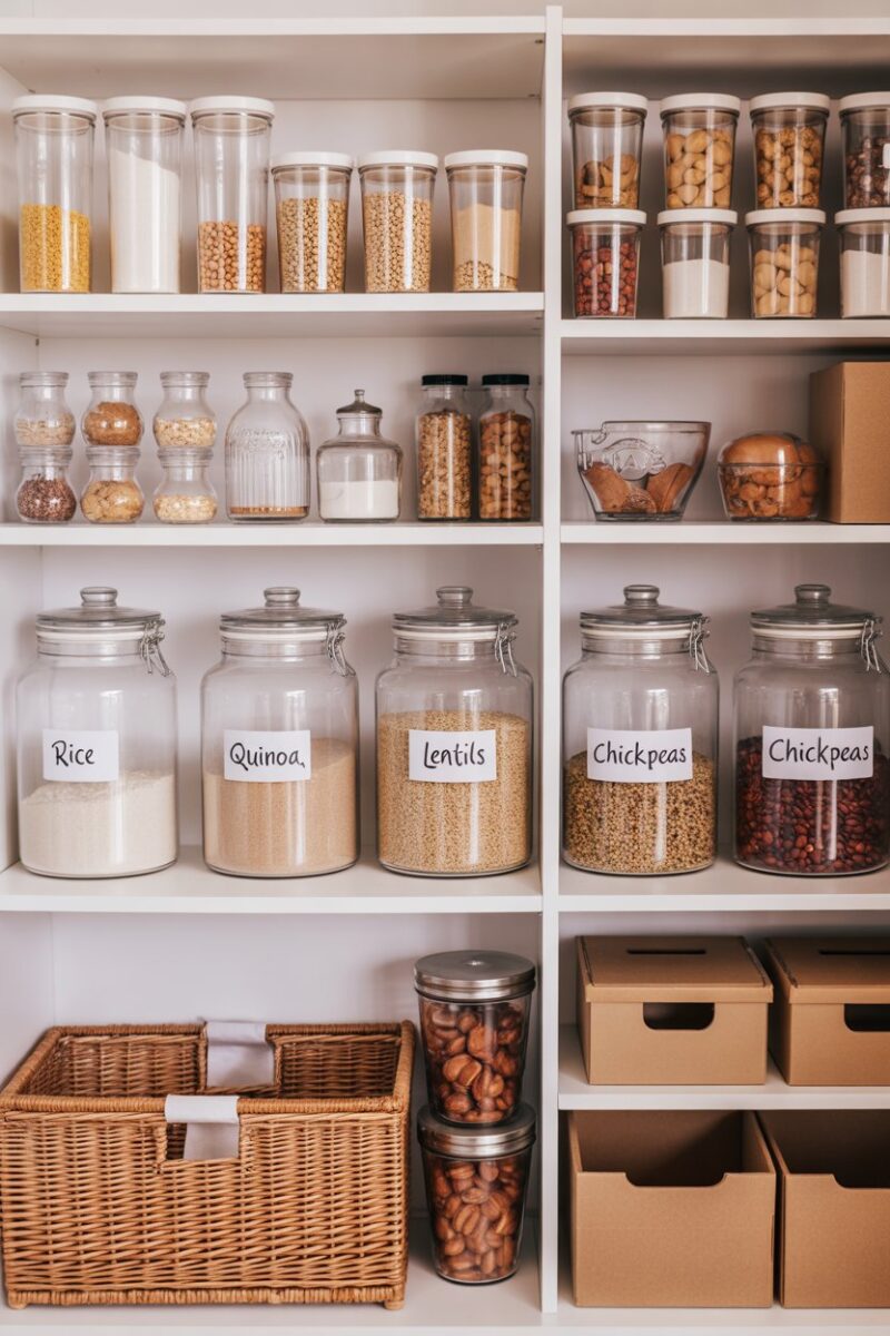 Organized pantry with labeled containers of grains and legumes.