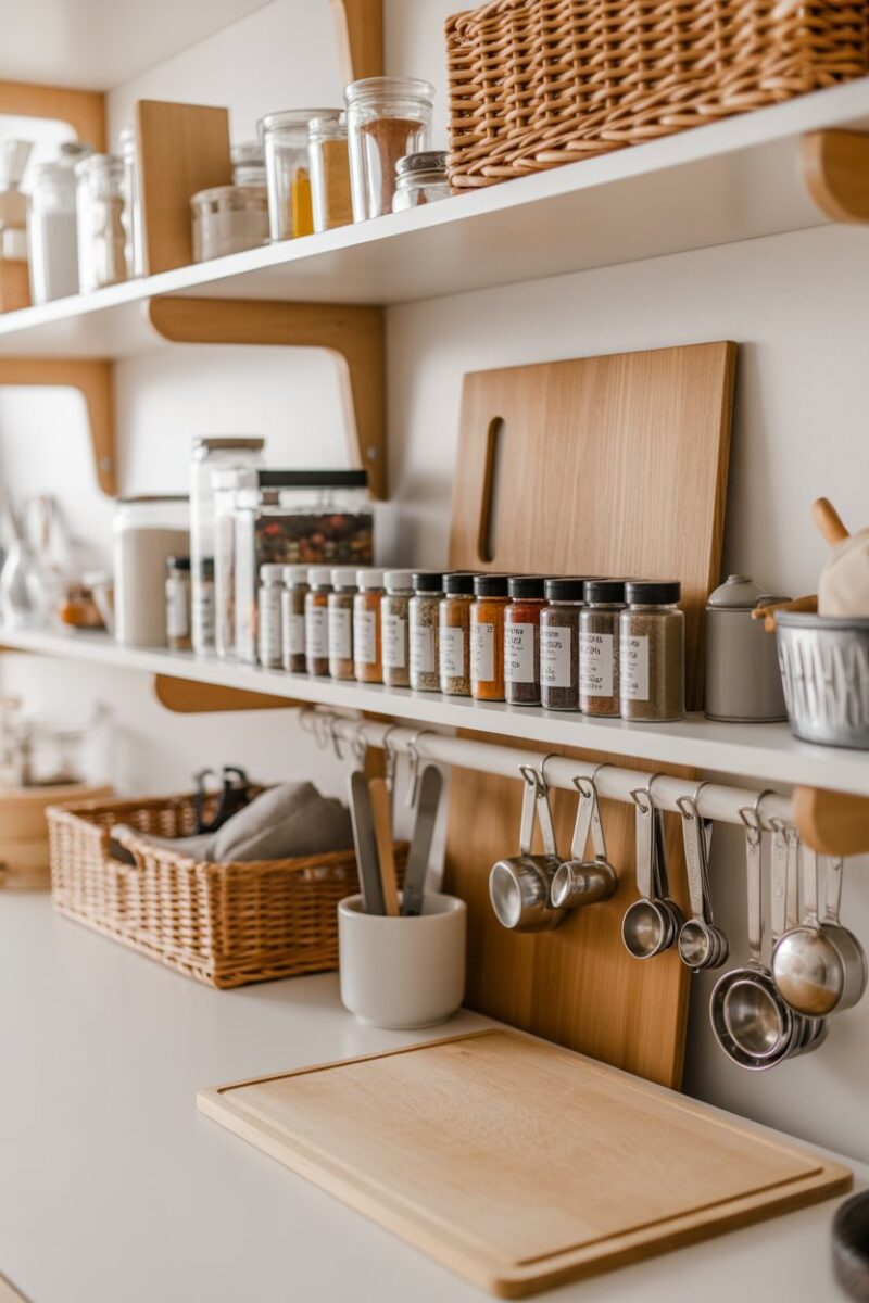 Organized pantry shelves with spices, measuring tools, and a cutting board.