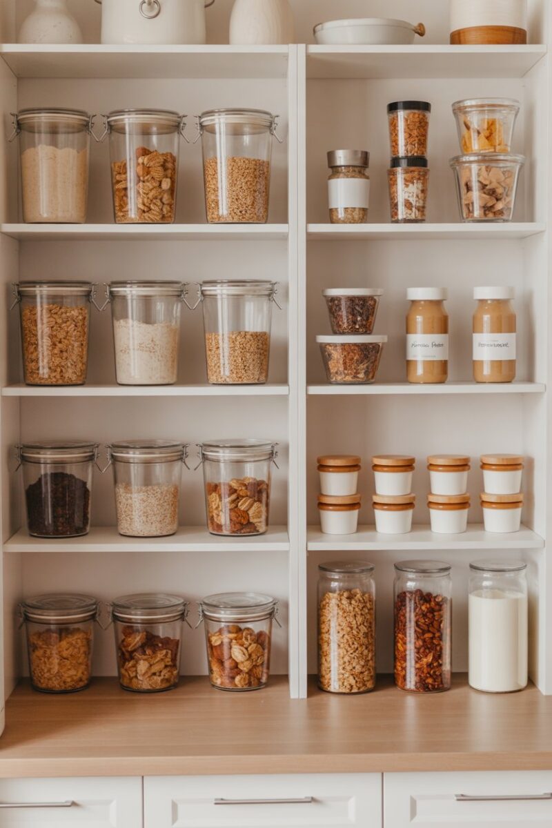 Organized pantry shelves with breakfast items like oatmeal, granola, and nut butter.