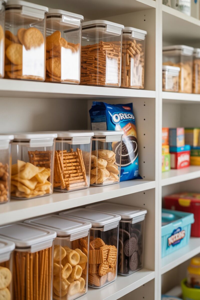 Organized pantry shelves with clear containers filled with snacks and treats for kids.